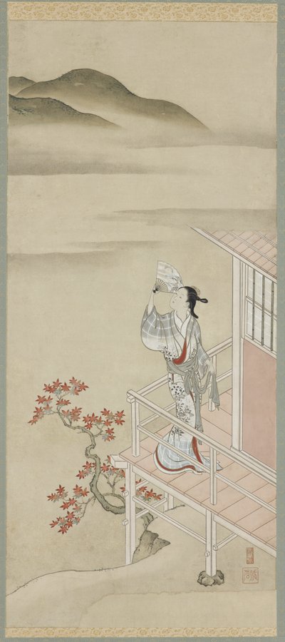 Young woman with a fan on a verandah admiring maple by Nishikawa Sukenobu
